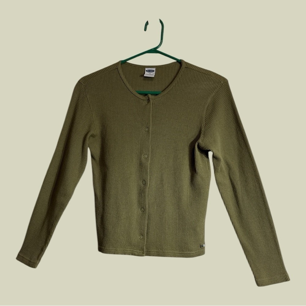 Olive Green Button-Up Thermal Waffle Cardigan Girls Size 14 or Women’s XS